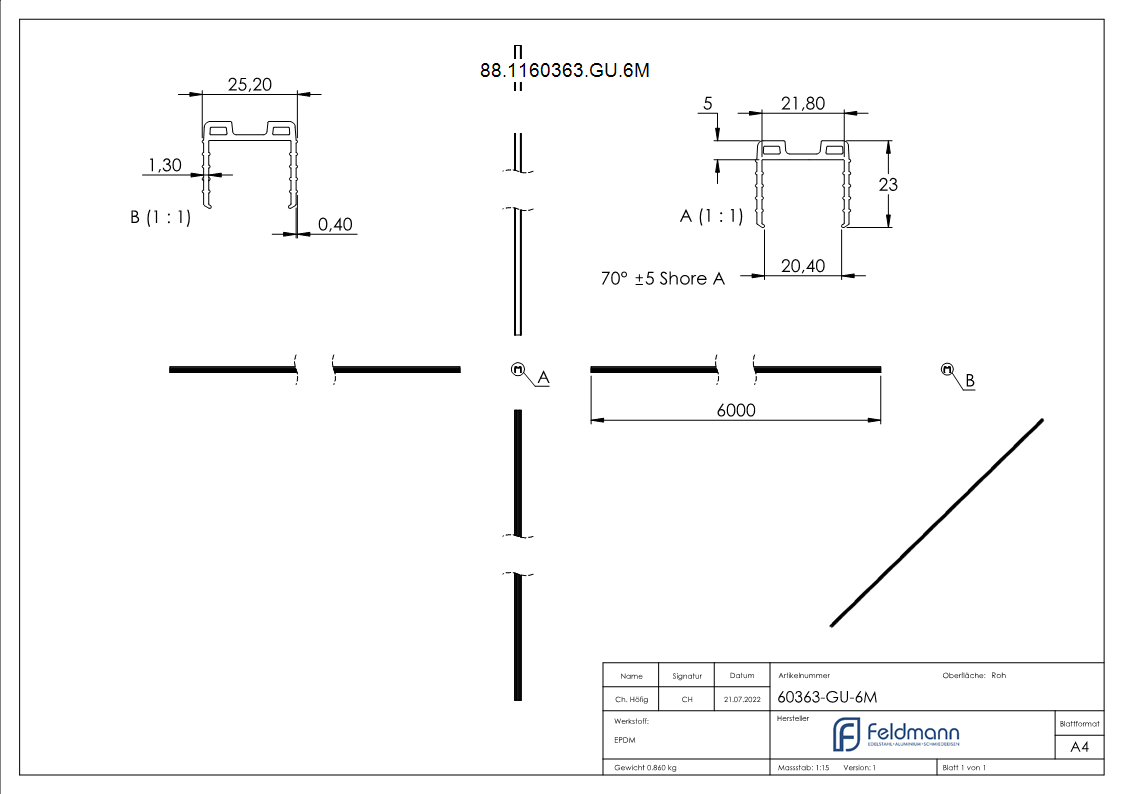 Keildichtung EPDM fuer Glas 20-76–21-52 mm- Nut 24x24 mm- L = 6000 mm-88-1160363-GU.6M