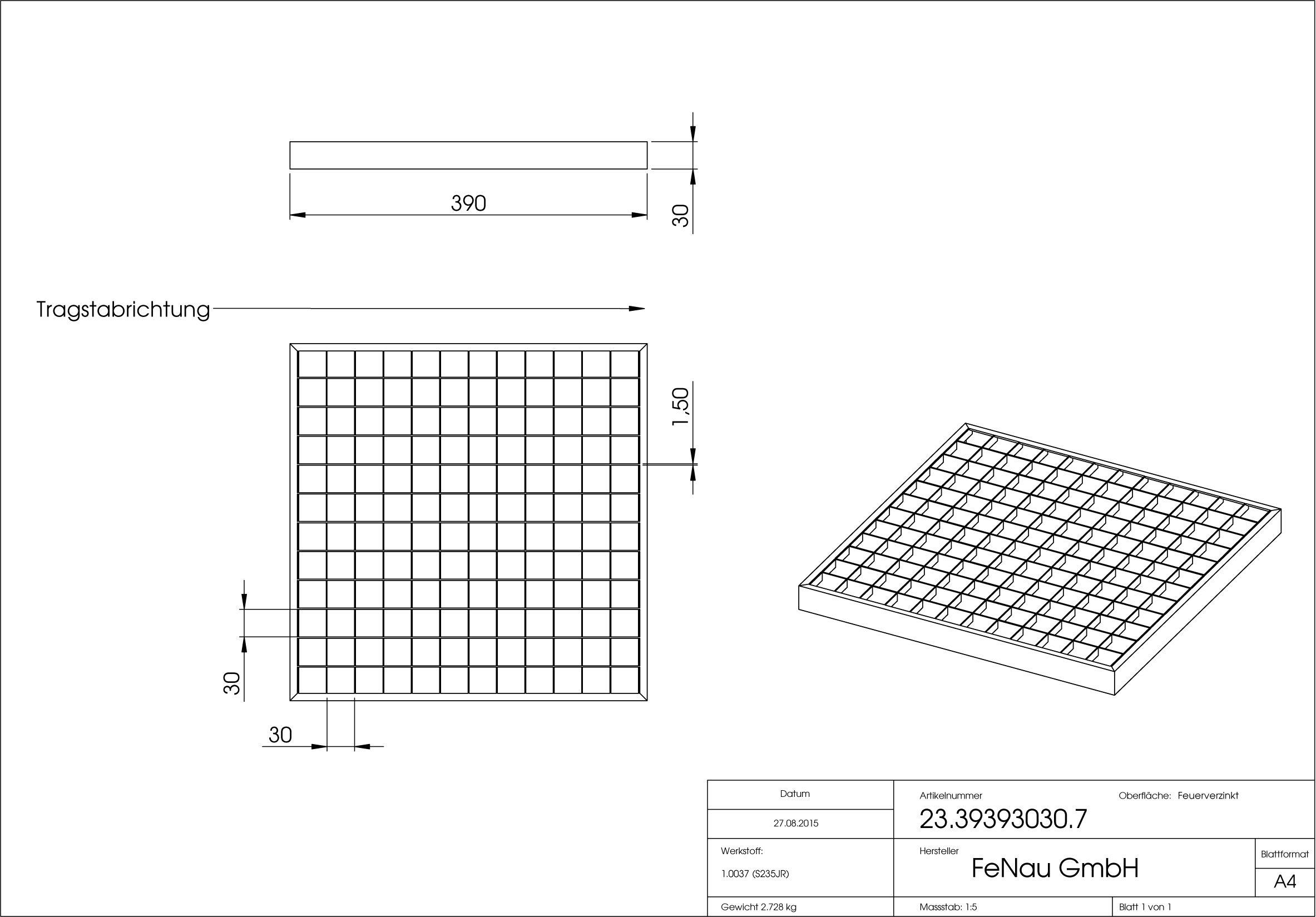 Garagen-Gitterrost - Mae-  390x390x30 mm 30-30 mm - aus S235JR -St37-2- im Vollbad feuerverzinkt-23-39393030.7