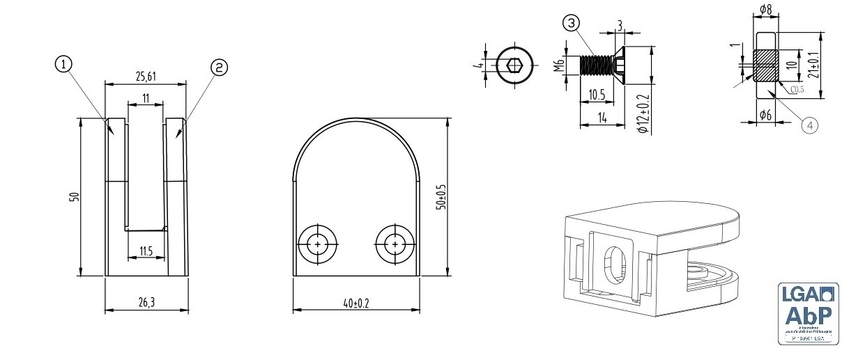 Glasklemme - Masse- 50x40x26 mm - Anschluss flach - V2A 1 Paar Gummis 8-76 mm VSG-18-2000-A.4-7
