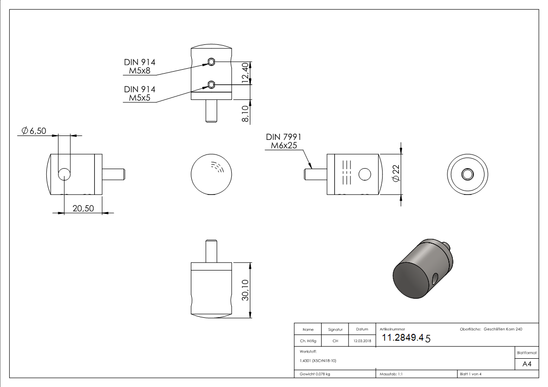 Seilhalter fuer Zwischenpfosten - Fuer Seil Ø 5 mm - Anschluss flach - V2A-11-2849.4