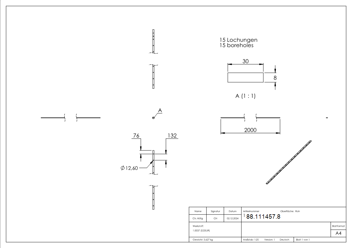 Lochleiste Stahl roh 30 x 8 mm fuer Stab Ø 12 mm- L 2 m- Lochabstand 132 mm-88-111457.8