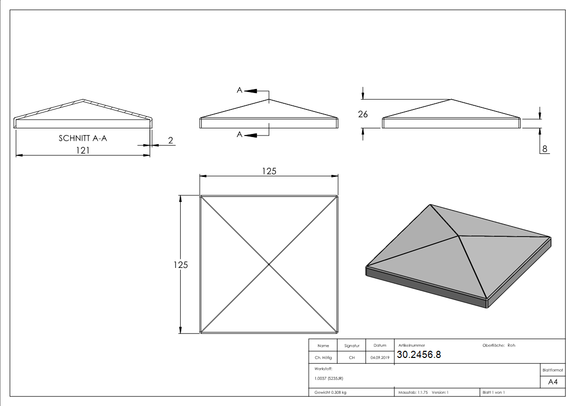 Pfeilerbedecker - fuer Quadratrohr - Masse- 120x120 mm - Stahl S235JR- roh-30-2456.8