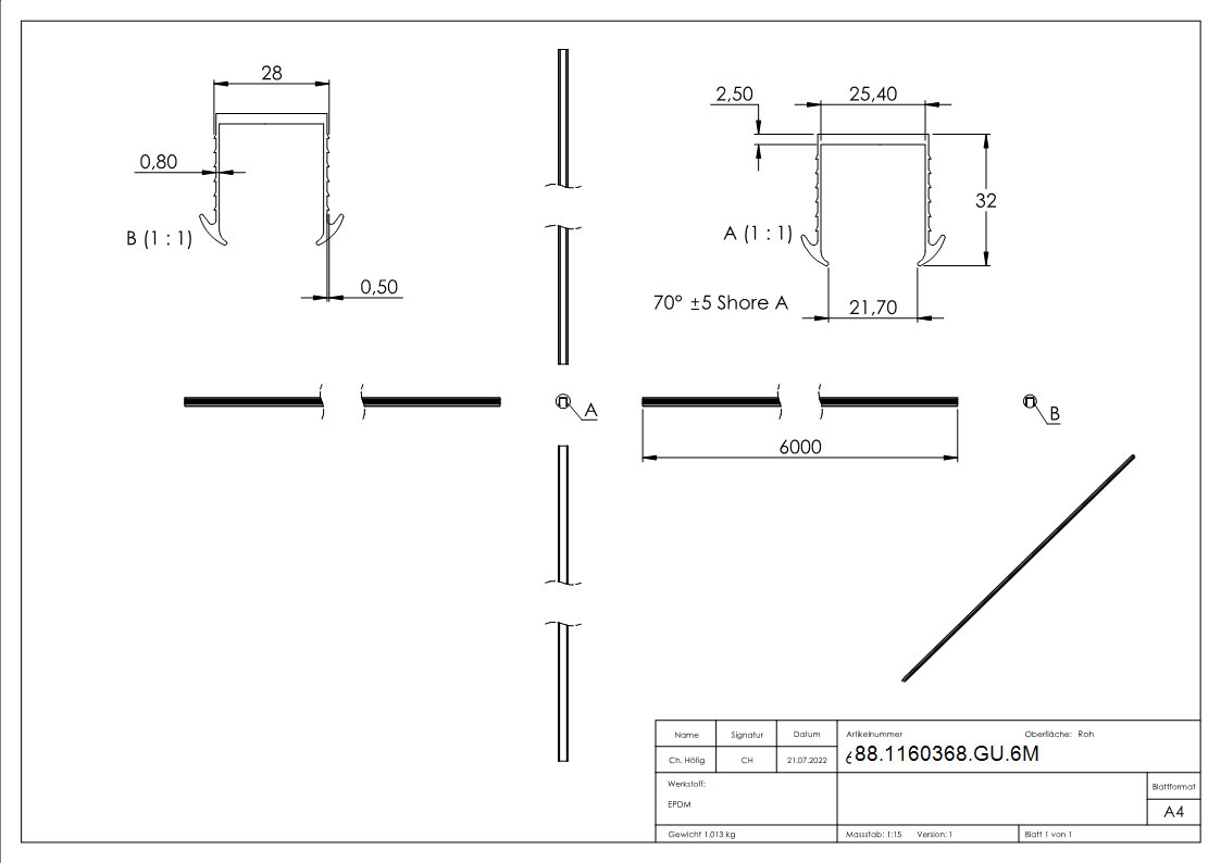 Keildichtung EPDM fuer Glas 24-76–25-52 mm- Nut 27x30 mm- L = 6000 mm-88-1160368-GU.6M