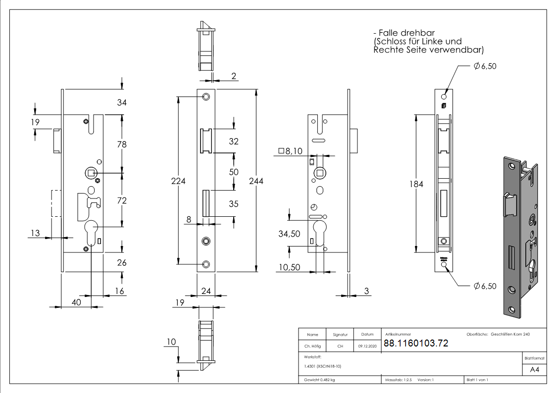 Rohrrahmenschloss verzinkt mit Dornmass 40mm-88-1160103.72