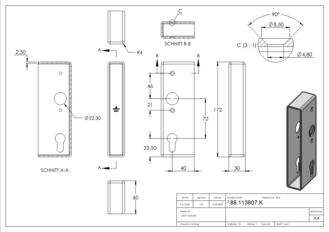 Schlosskasten Stahl 30 x 60 x 173 mm roh-88-113807.K