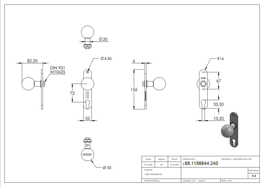 Tuerknopf- Ø 50mm- mit Langschild- V2A-88-1156644.240