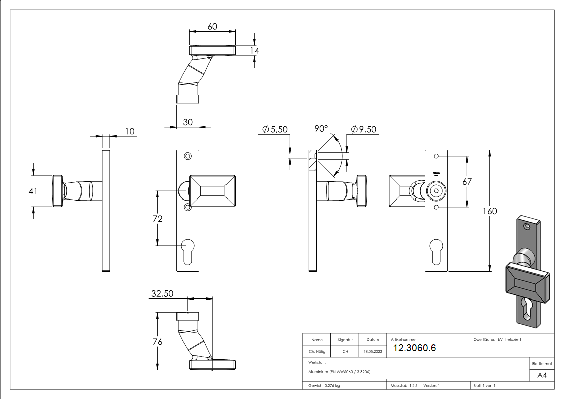 Alu-Tuerdruecker - Form- gekroepft - Aluminium EV1-12-3060.6