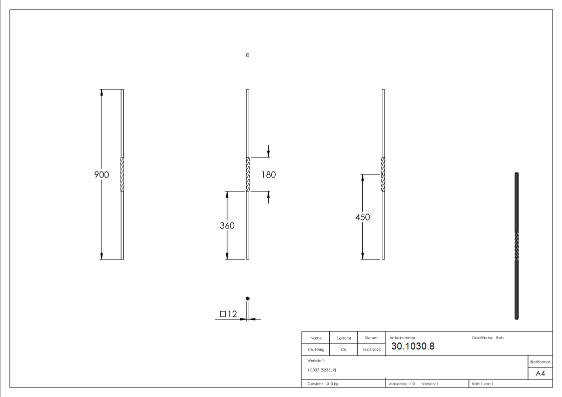 Zwischenstab - Laenge- 900 mm - Material- 12x12 mm - glatt - Stahl S235JR- roh-30-1030.8