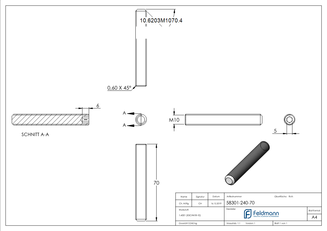 Gewindestift V2A M10x70 Innensechskant Kegelkuppe DIN 913-10-6203M1070.4