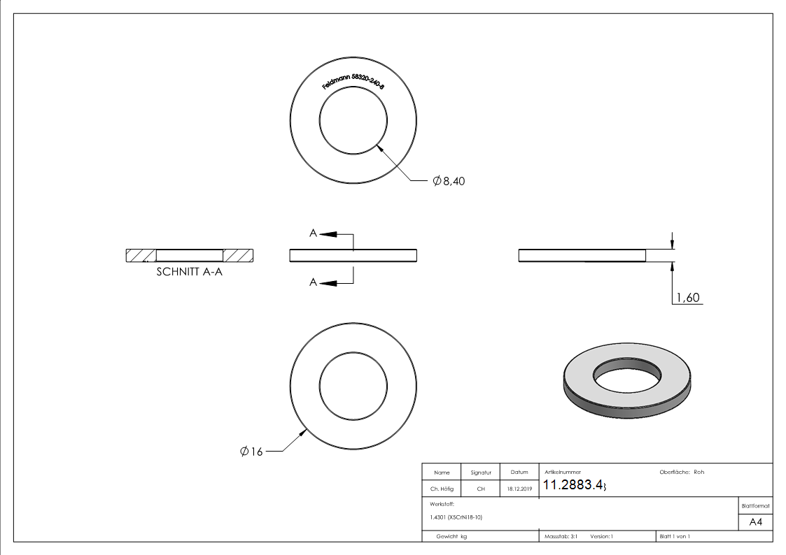 Beilagscheibe - fuer Gewinde M8 - DIN 125-1- A2 - V2A-11-2883.4