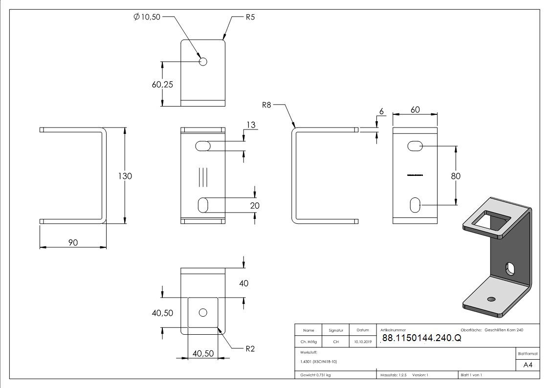 Wandbefestigung fuer Gelaenderpfosten Edelstahl V2A 40x40 mm- Platte 130x60x6 mm- zum Anschweissen-88-1150144-240.Q