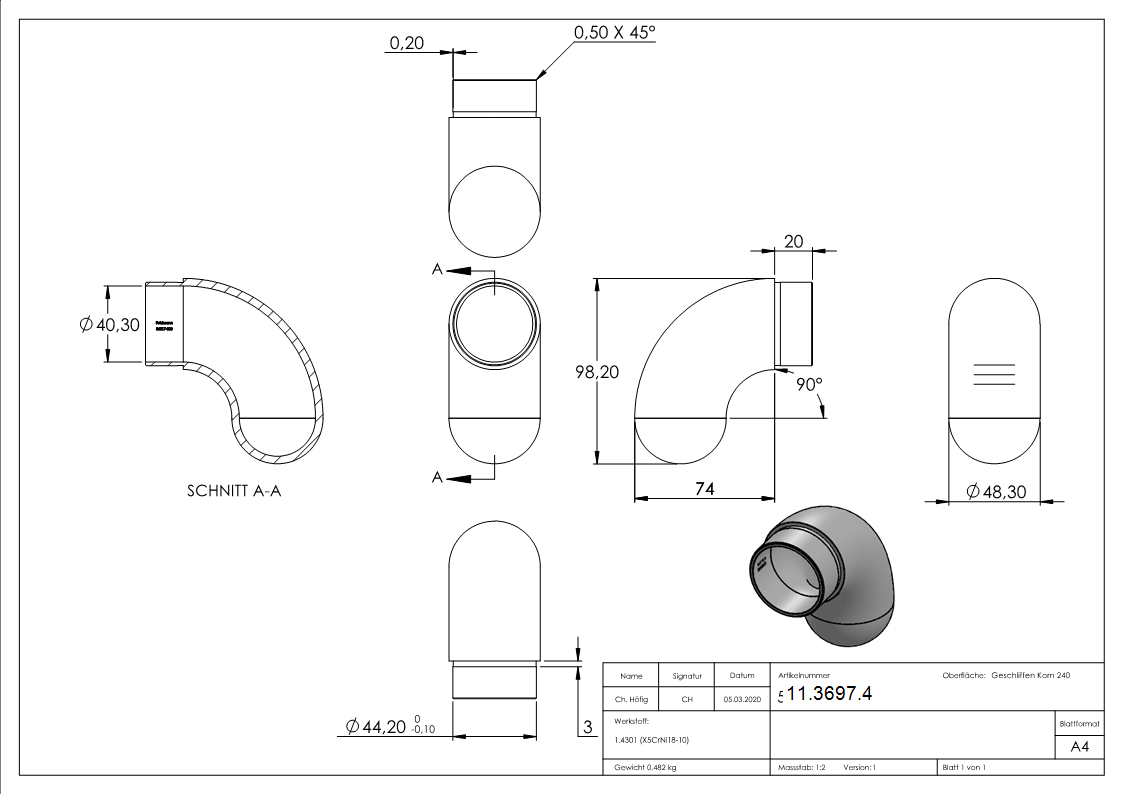 Endbogen V2A fuer Rohr Ø 48-3 x 2-0 mm 90° halbrund zum Stecken-11-3697.4