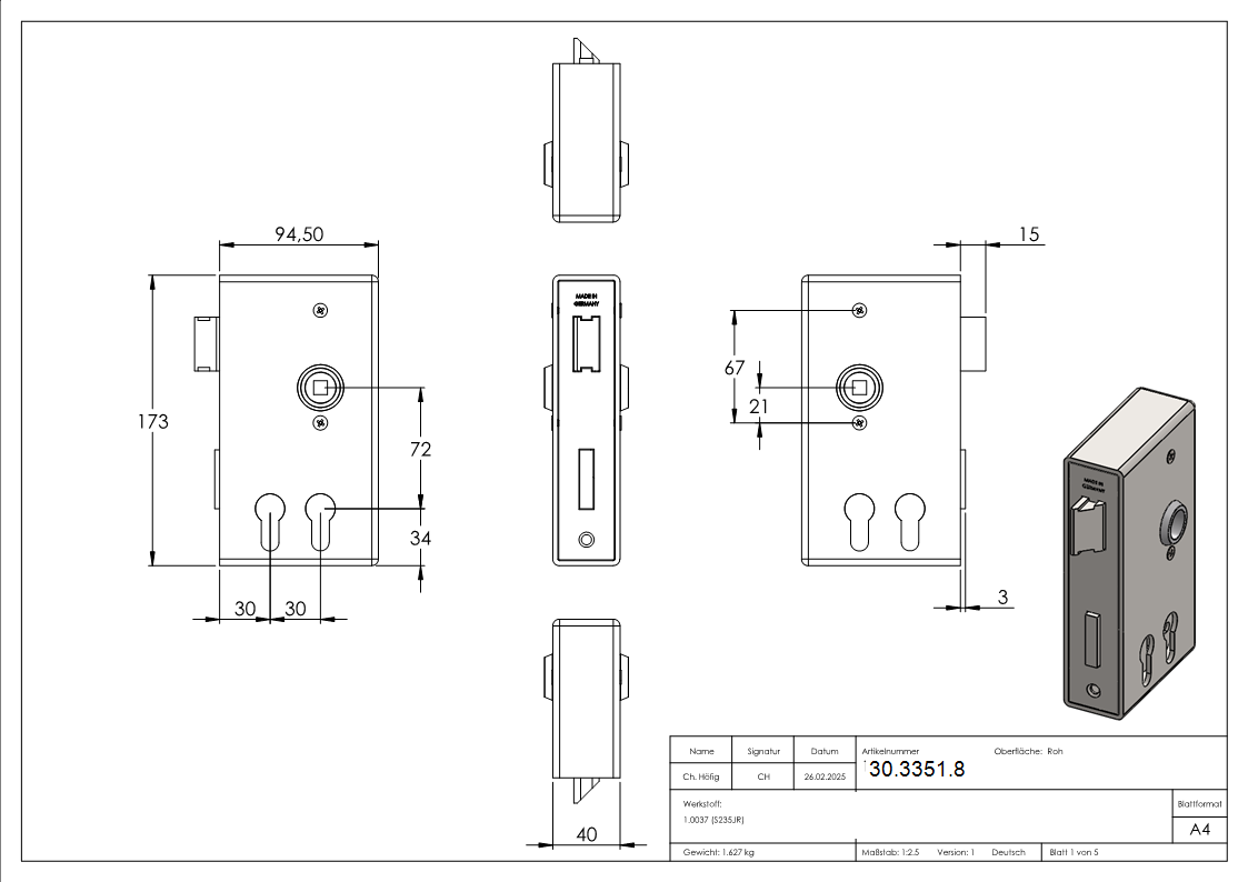 Schlosskasten - fuer 2 Profilzylinder - Masse- 40x94-5x173 mm - Stahl S235JR- roh - AMF Artikel- 14407-30-3351.8