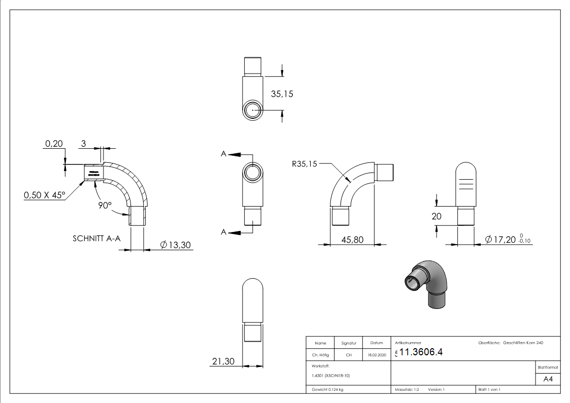 Rohrbogen V2A fuer Rohr Ø 21-3 x 2-0 mm 90° Steckfitting-11-3606.4