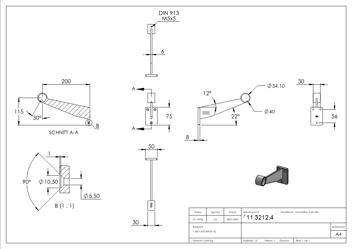 Fuss-Handlaufstuetze fuer  Ø 33-7 mm V2A-11-3212.4