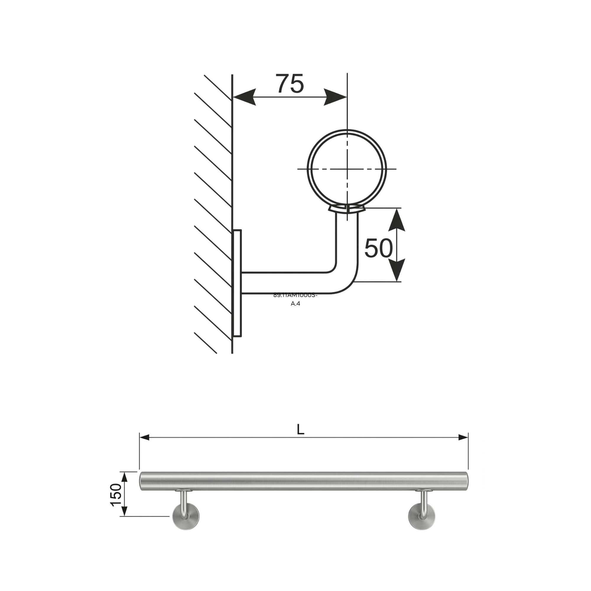 Wandhandlauf Edelstahl AISI 304 L 3000 mm- B 75 mm- H 50 mm- geschliffen-89-11AM3000S-A.4