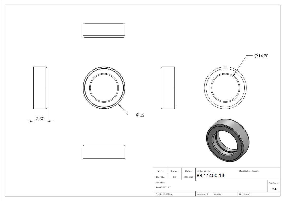 Axial Kugellager verzinkt AussenØ 22 mm InnenØ 14 mm H 7-3 mm-88-11400.14