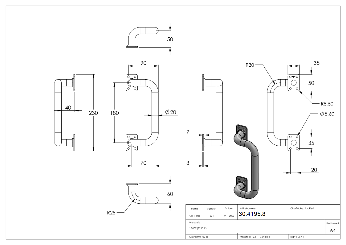 Tuergriff fuer Schiebetore - seitlich gekruemmt - Stahl S235JR-30-4195.8