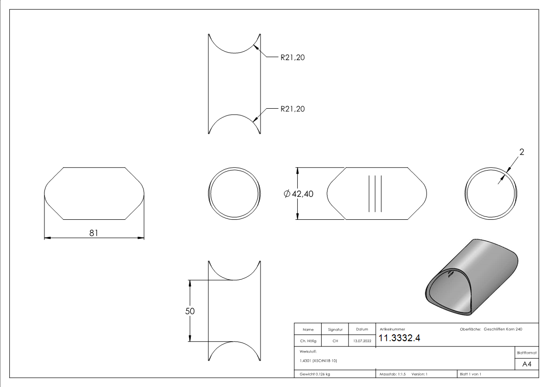 Rohrverbindungsstueck fuer Rundrohr Ø 42-4 mm V2A-11-3332.4