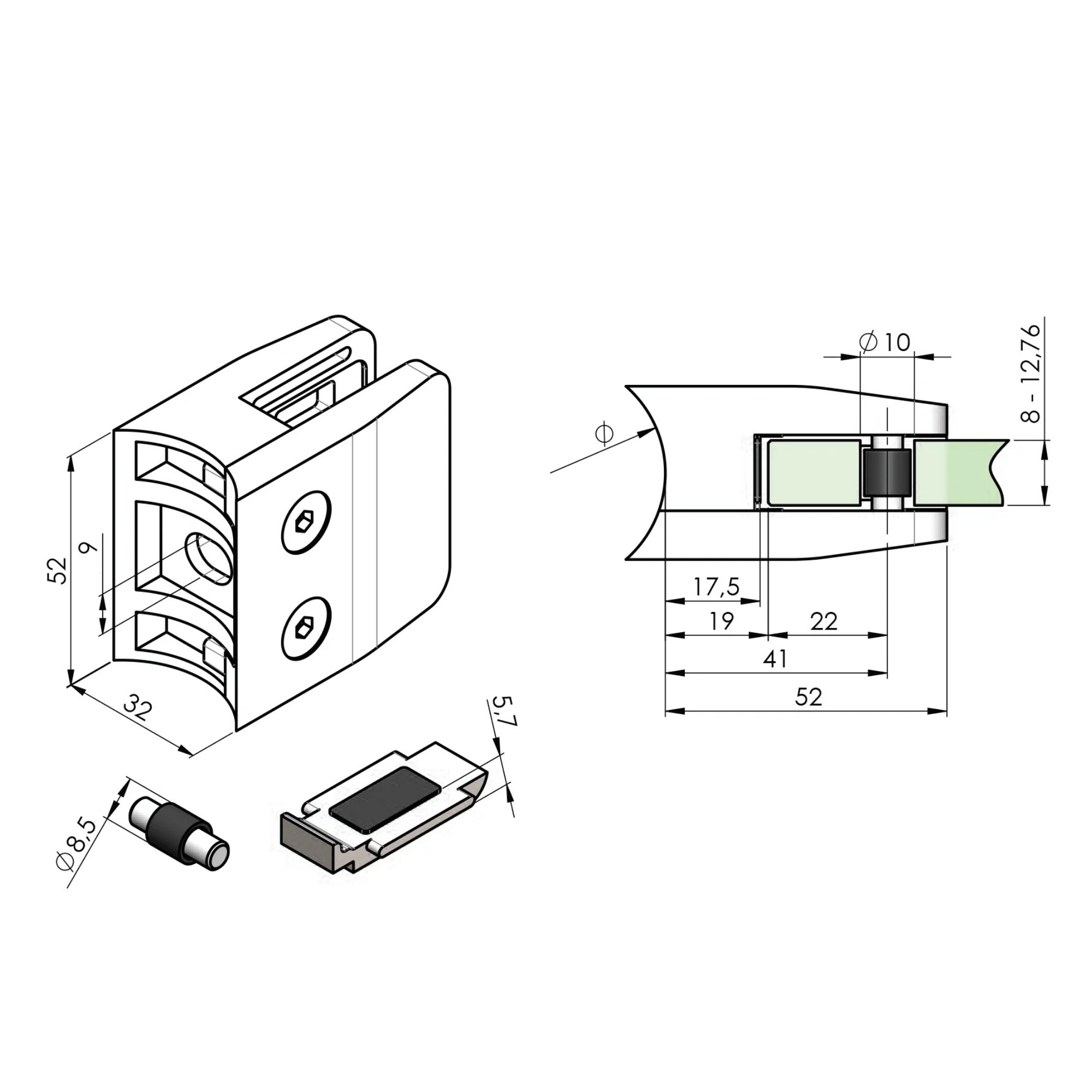 Glasklemme V2A Schwarz fuer Rohr 42-4 mm Glas 8-12-76 mm 4er Set-89-11ABL2600042SET4-A.4