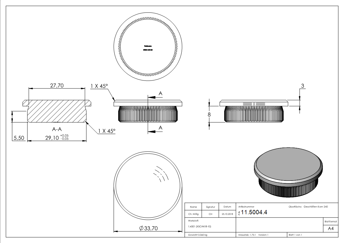 Einsteckkappe Edelstahl V2A fuer Rohr Ø 33-7 x 2-5 mm flach zum Einschlagen-11-5004.4