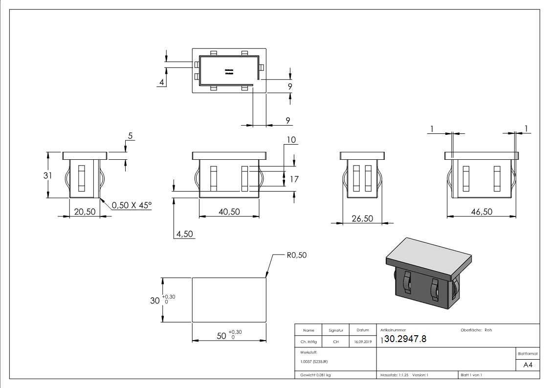 Stahlstopfen flach - fuer Rohr 50x30x2-0-3-0 mm - Stahl S235JR- roh-30-2947.8