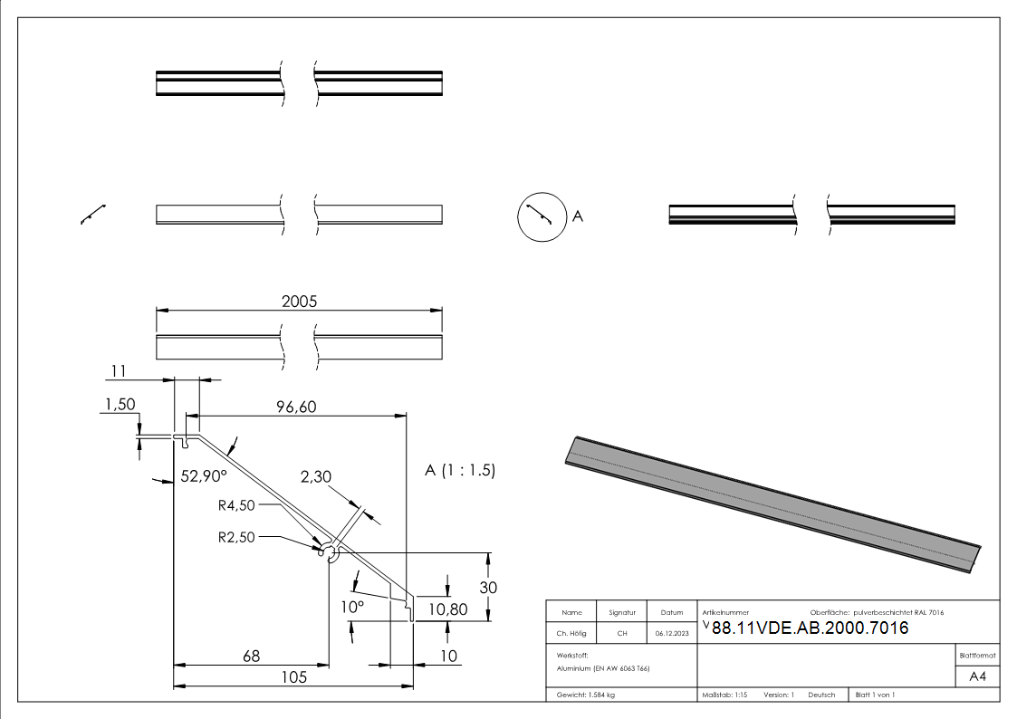 Abdeckung Aluminium L = 2005 mm pulverbeschichtet RAL 7016 fuer Vordachsystem-88-11VDE-AB-2000.7016