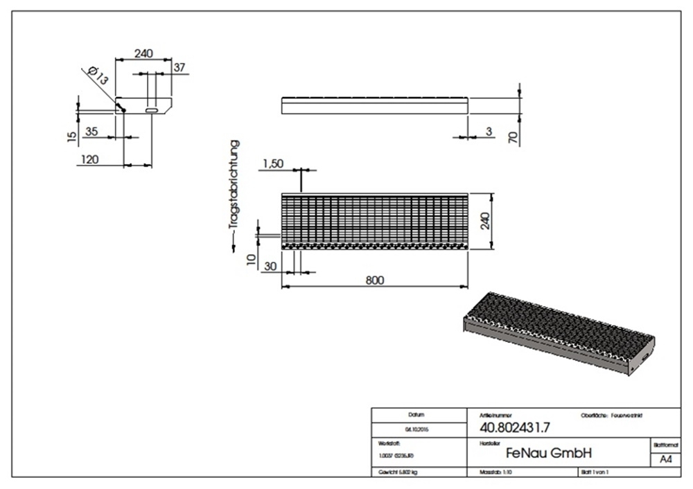Gitterroststufe Treppenstufe Masse- 800x240 mm 30-10 mm S235JR -St37-2- im Vollbad feuerverzinkt-40-802431.7