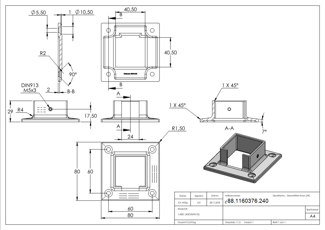 Wandbefestigung Edelstahl V2A fuer Quadratnutrohr 40 x 40 mm- geschliffen Korn 240-88-1160376.240