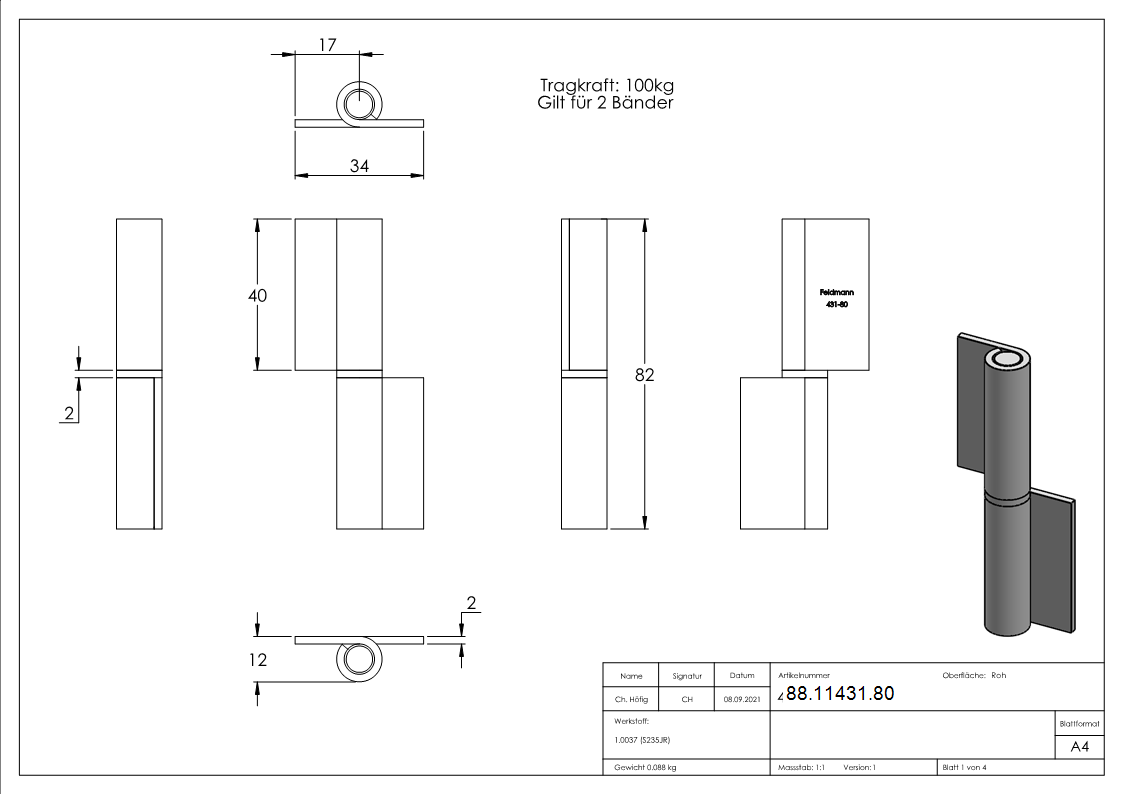 Anschweissband Stahl 2-teilig loser Zapfen Tragkraft 100 kg-88-11431.80