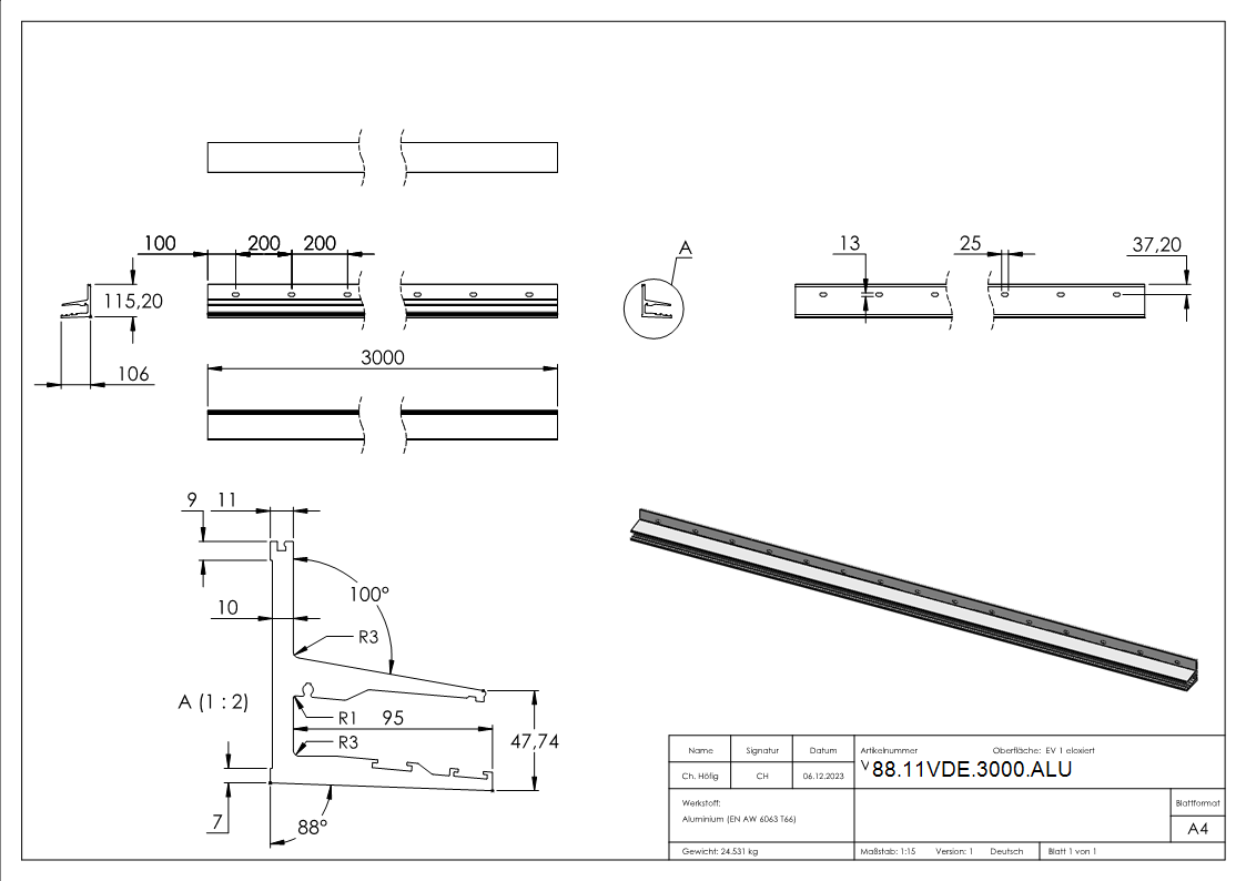 Vordachprofil eleganza canopy- L=3000mm- E4-EV1-88-11VDE-3000.ALU