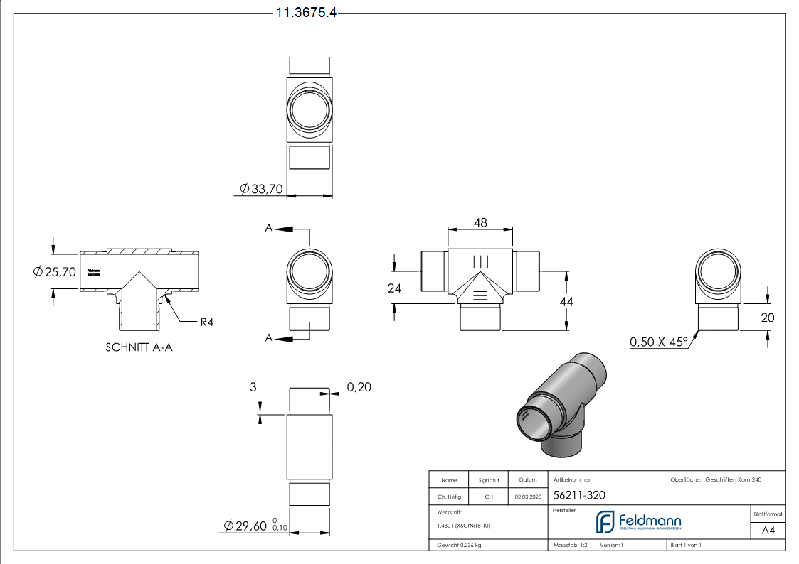 T-Stueck V2A fuer Rohr Ø 33-7 x 2-0 mm egal steckbar-11-3675.4