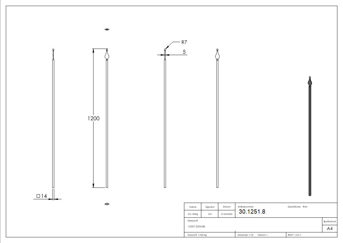 Zaunstab Laenge- 1200 mm Material 14x14 mm - Spitze mit Kugel Stahl S235JR- roh-30-1251.8