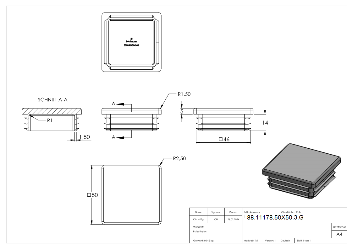 Einsteckkappe Kunststoff fuer Quadratrohr 50 x 50 mm- Wandstaerke 3-0 mm- grau-88-11178-50X50-3.G