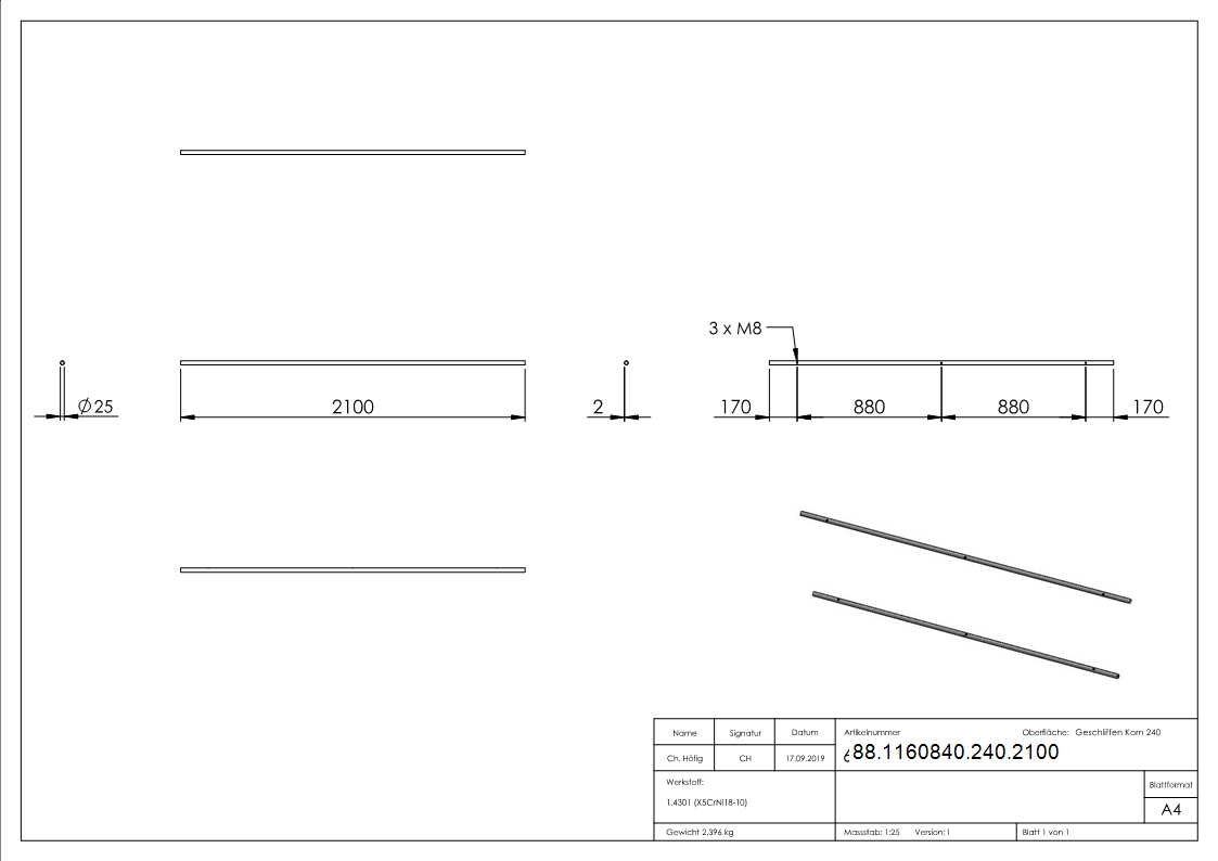 Laufschiene fuer Glasschiebetueren- Laenge 2100mm-88-1160840-240.2100