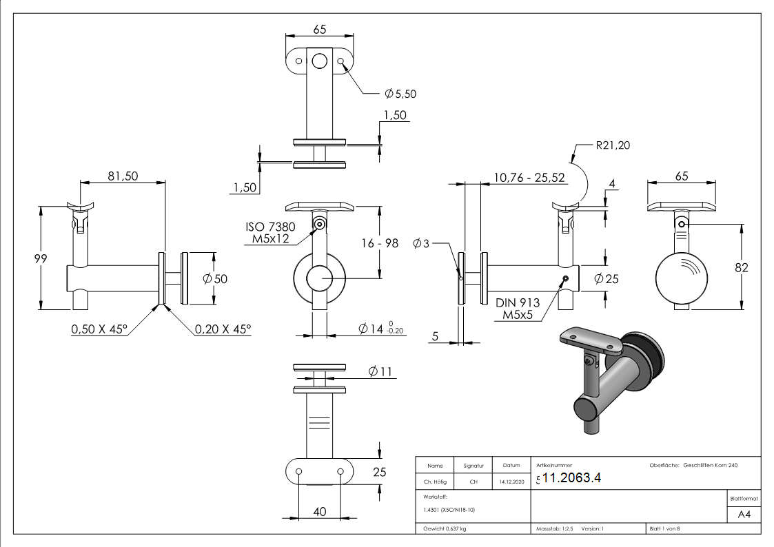 Handlaufhalter V2A Anschluss 42-4 mm Wandabstand 82 mm fuer Glas Gelenk-11-2063.4