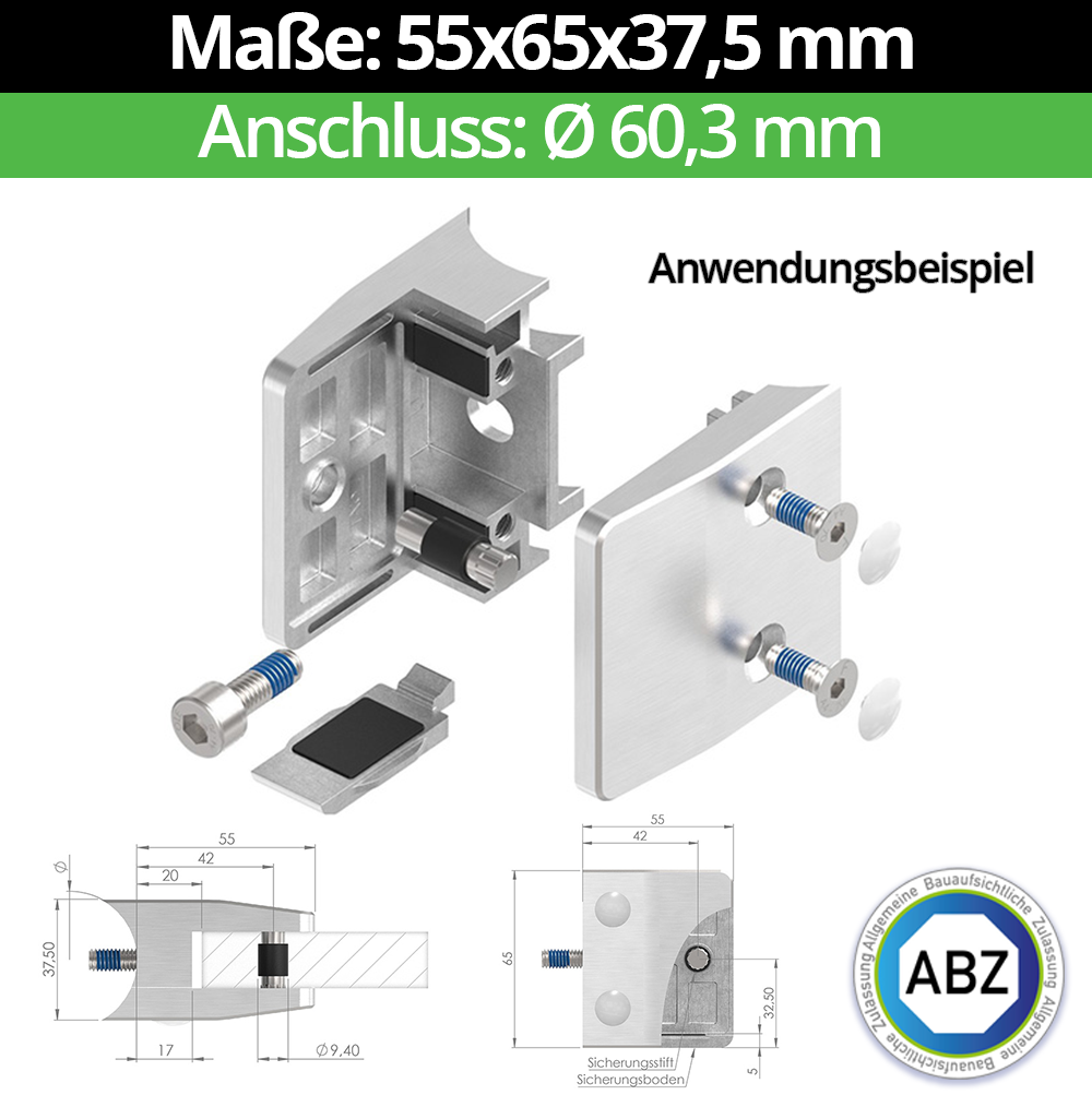 Glasklemme AbZ 55x65x37-5 mm  Ø 60-3 mm- fuer 10-00 mm ESG Glas- Nein - Ohne Sicherungsstift- Nein - Ohne Sicherungsboden-10-MODELL35-60-10-1.1