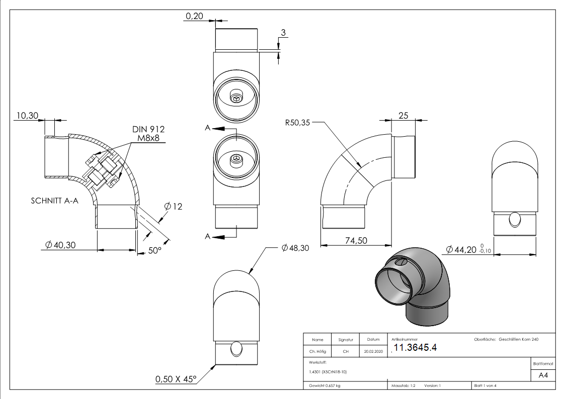 Rohrbogen V2A fuer Rohr Ø 48-3 x 2-0 mm 90° verstellbar-11-3645.4