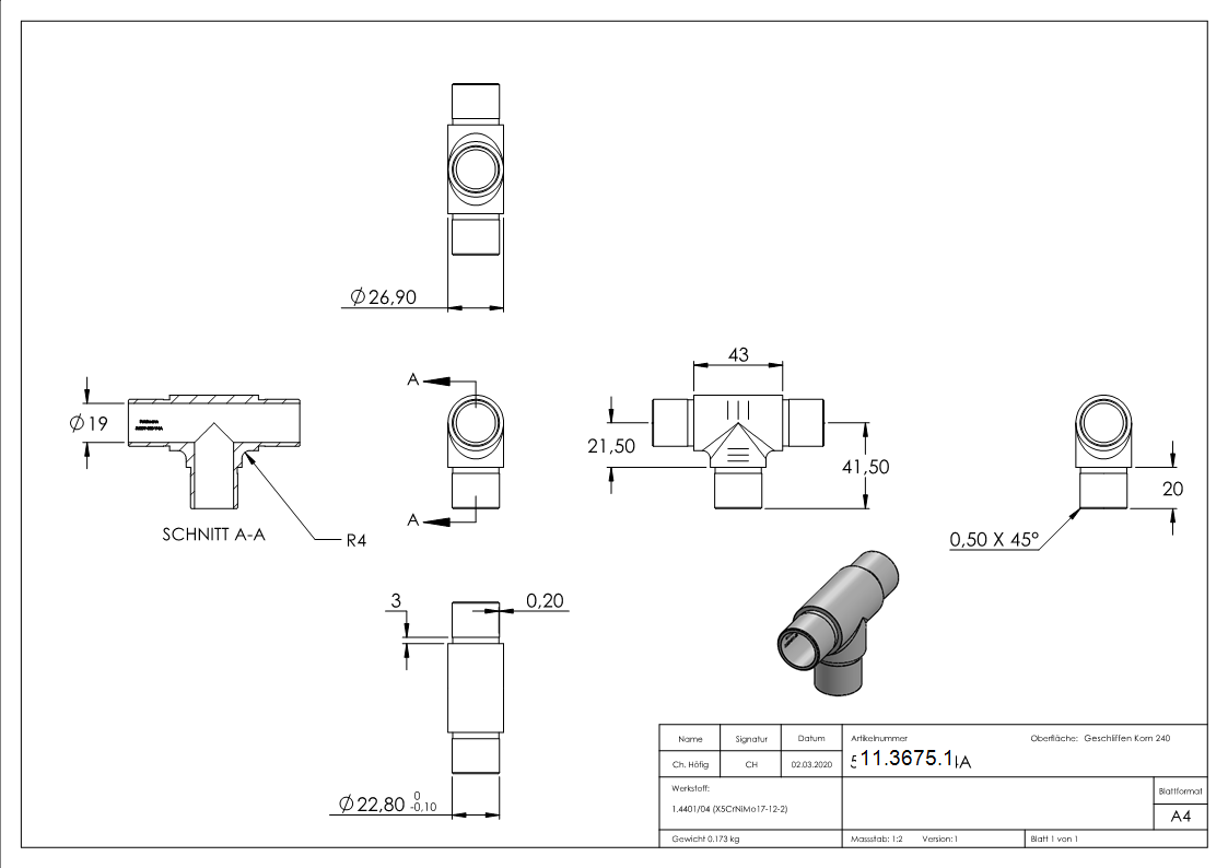 T-Stueck mit gleichen Abgaengen fuer Rundrohr Ø 26-9x2-0 mm V4A-11-3675.1