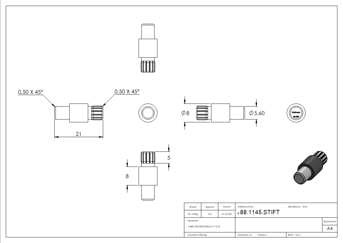 Sicherungsstift Edelstahl V4A fuer Glasklemme Mod- 45-88-1145.STIFT