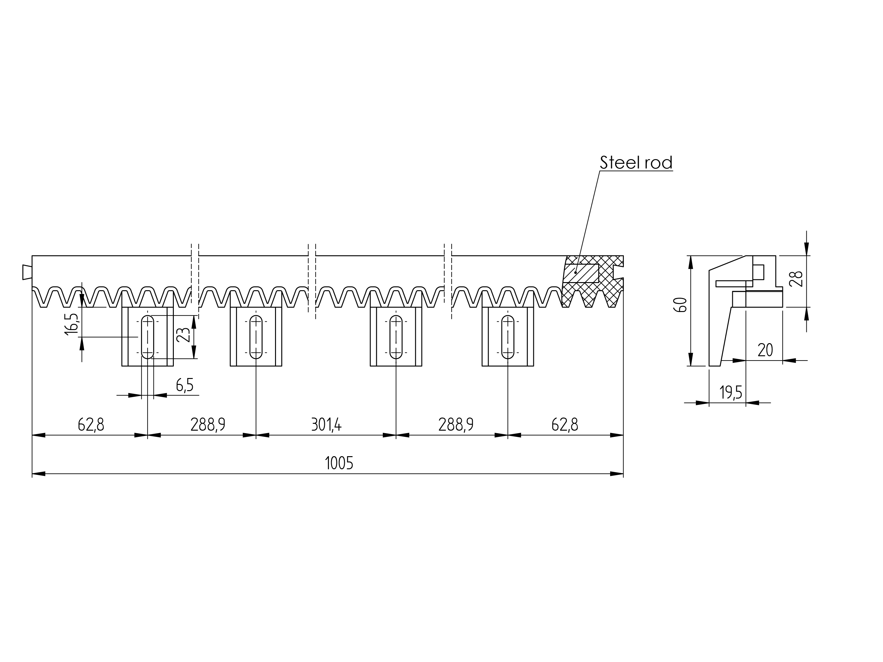 Zahnstange Stahl - Nylon 27 x 20 mm L=1000 mm Modul 4 fr Schiebetore-89-11H01PVCJ-A.4