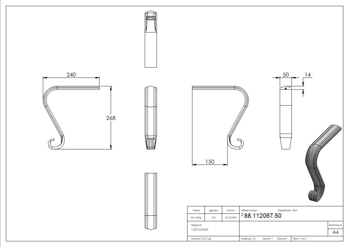 Handlaufanfaenger Stahl S235JR 50x14 mm H 400 mm geschwungen-88-112067.50