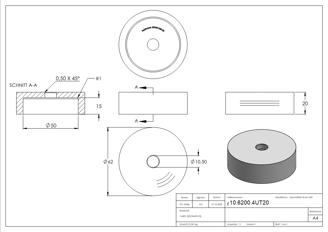 Glaspunkthalter-Unterteil Ø 62 mm- V2A- Hoehe- 20 mm-10-6200.4UT20