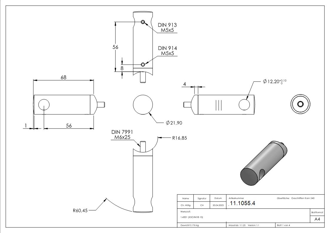 Querstabhalter V2A Edelstahl Lang 68 mm – Anschluss 33-7 mm fuer Rundstaebe 12 mm inkl- Schrauben-11-1055.4