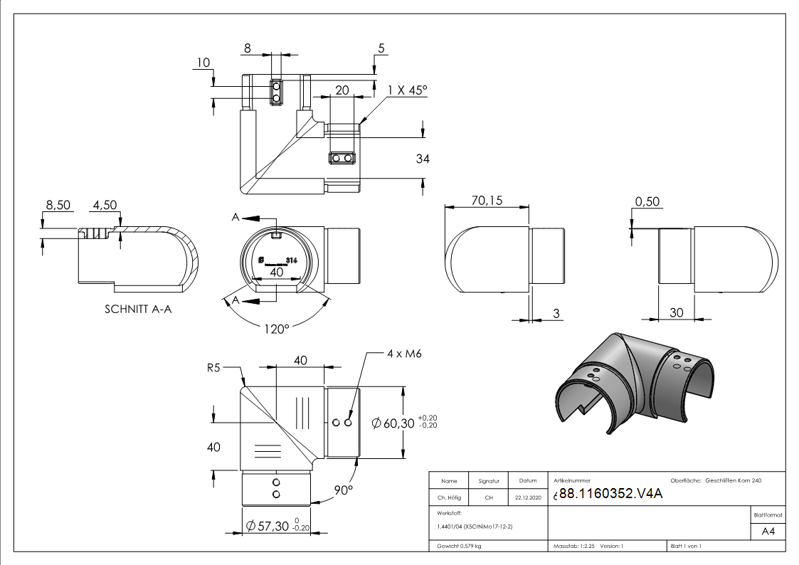 Rohrverbinder 90° fuer Nutrohr 60-3 x 1-5mm- V4A-88-1160352.V4A