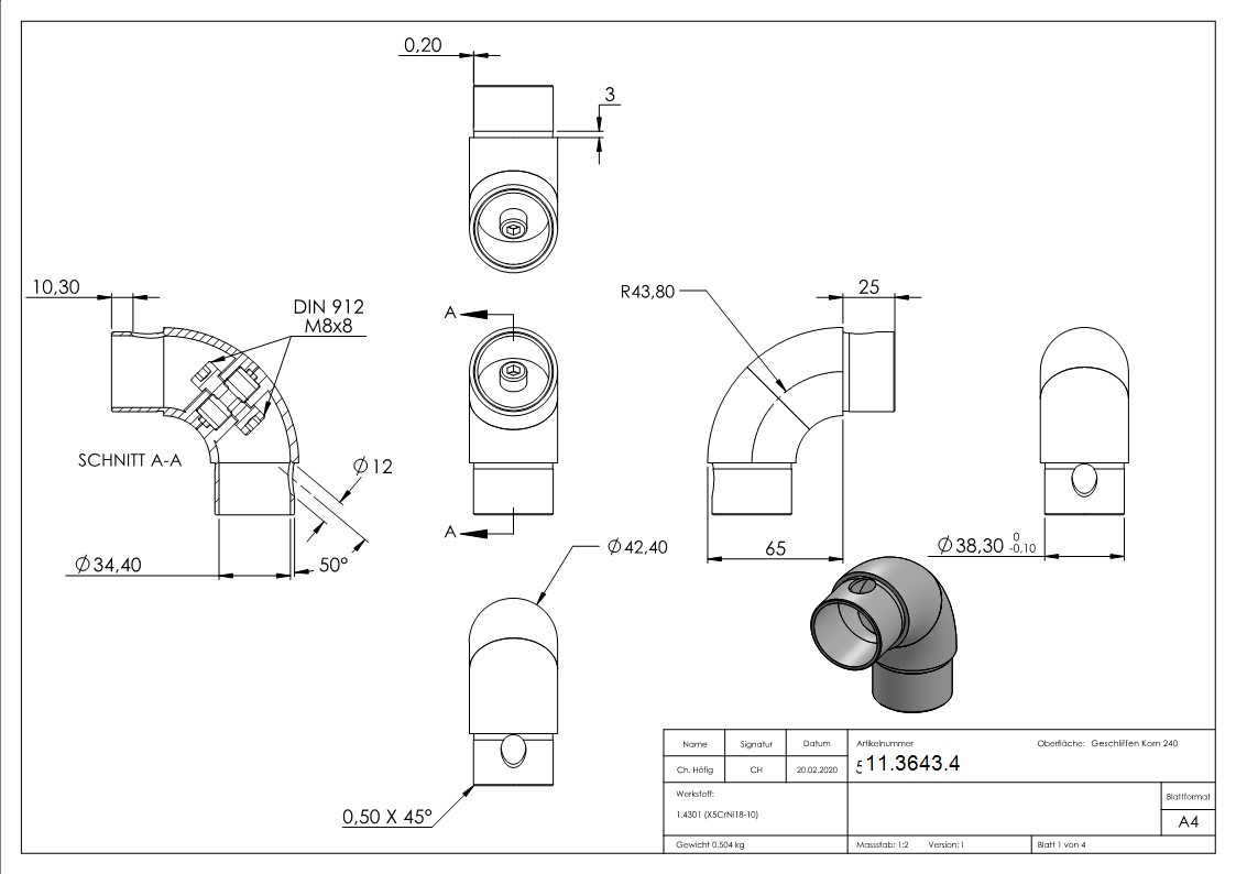 Rohrbogen V2A Ø 42-4 x 2-0 mm 90° verstellbar zum Stecken-11-3643.4