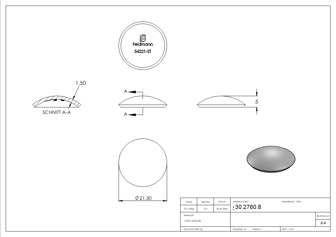 Klopperboden Rohrabschluss Ø 21-9x1-5 mm Stahl roh Hoehe- 5 mm-30-2760.8