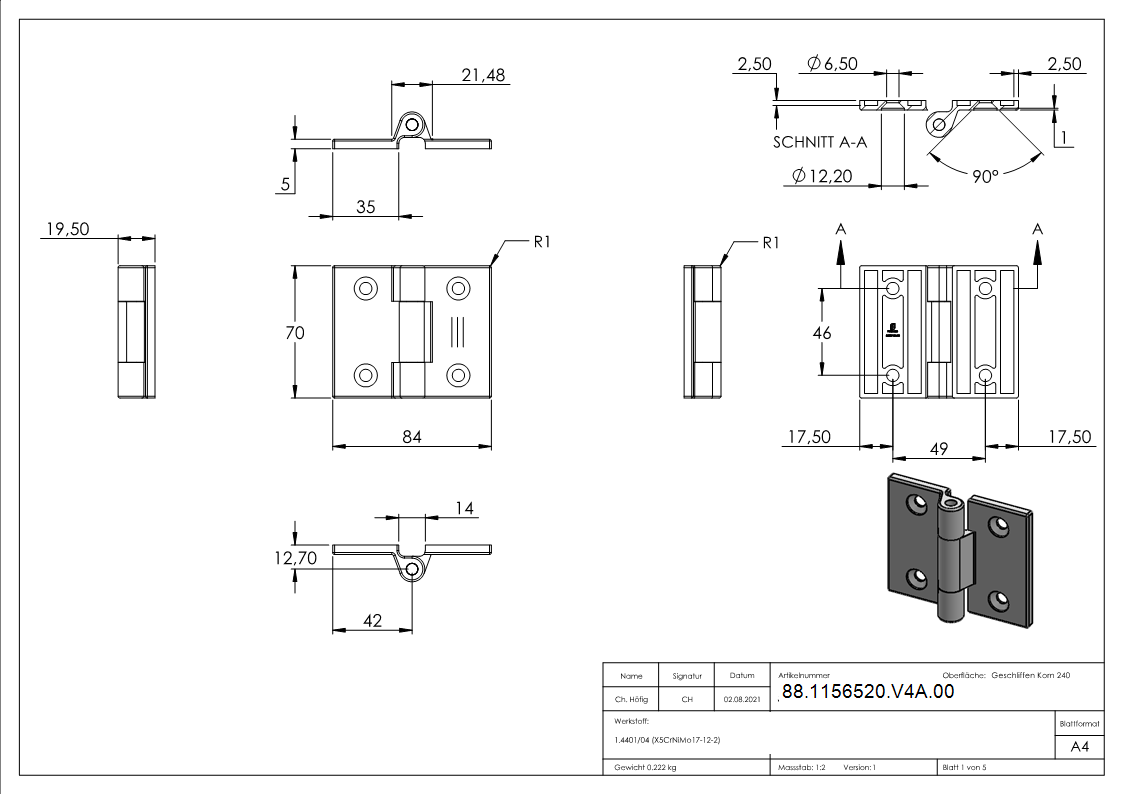 Anschraubscharnier Edelstahl V4A fuer flache Profile zum Anschrauben-88-1156520-V4A.00