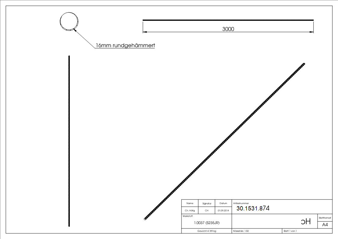 Rundeisen spindelfoermig geschmiedet Ø 16 mm Laenge- 3000 mm Stahl -Roh- S235JR-30-1531.8