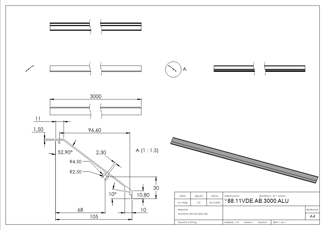 Vordachabdeckung Aluminium L = 3000 mm eloxiert E4-EV1 fuer eleganza canopy-88-11VDE-AB-3000.ALU
